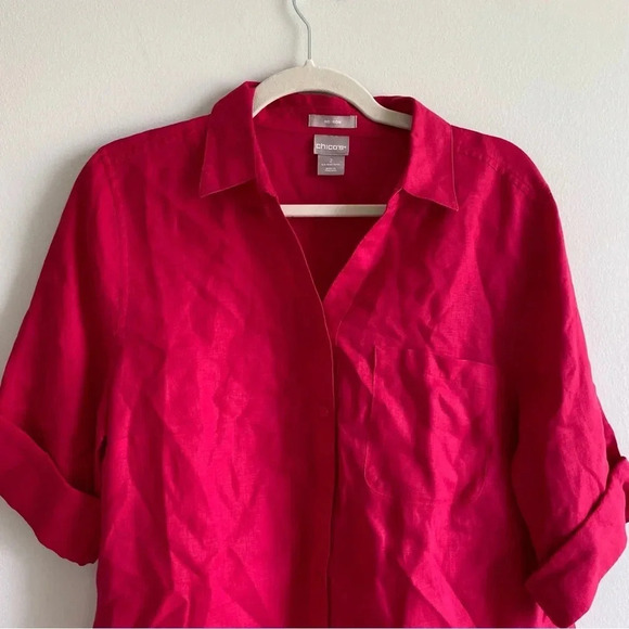CHICO’S 100% Linen Dark Pink Button  Down Shirt Size 2 - Picture 4 of 12